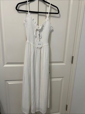 Le Lis White Smocked Midi Dress with Tie Front